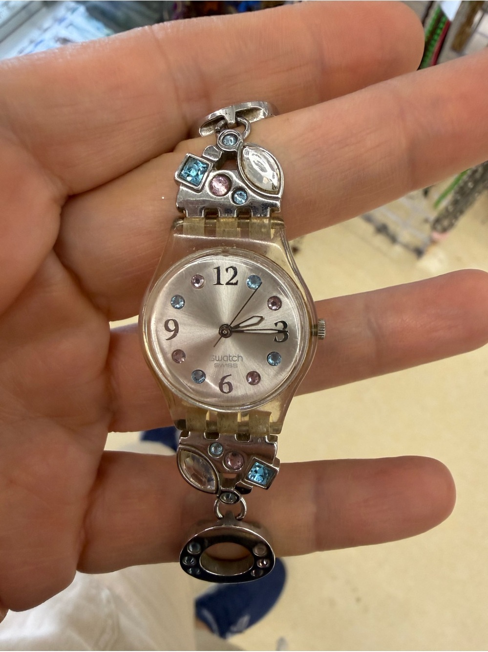 Swatch Silver-Tone Bracelet Watch with Pink and Blue Crystals
